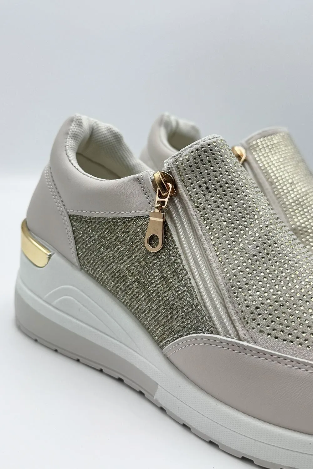 Ceeda Diamante Embellished Slip On Trainers in Beige