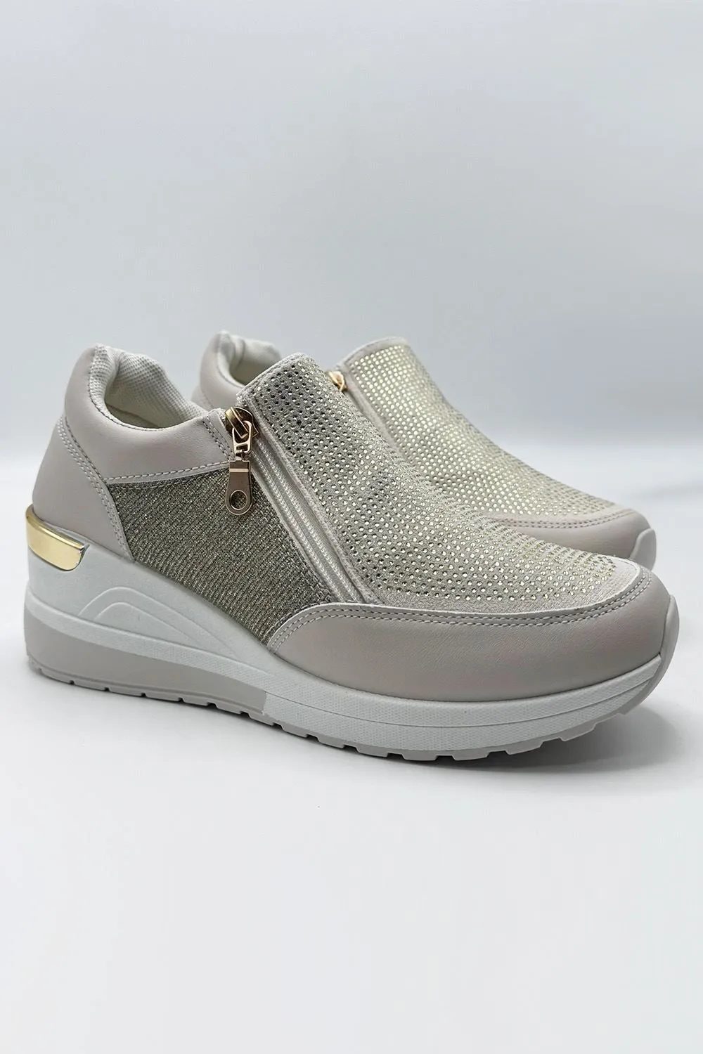 Ceeda Diamante Embellished Slip On Trainers in Beige