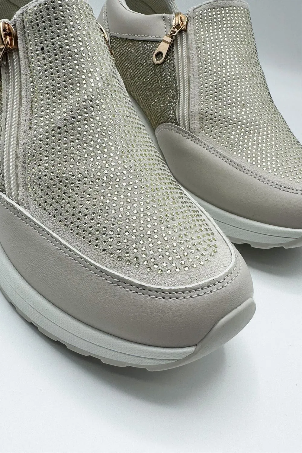 Ceeda Diamante Embellished Slip On Trainers in Beige