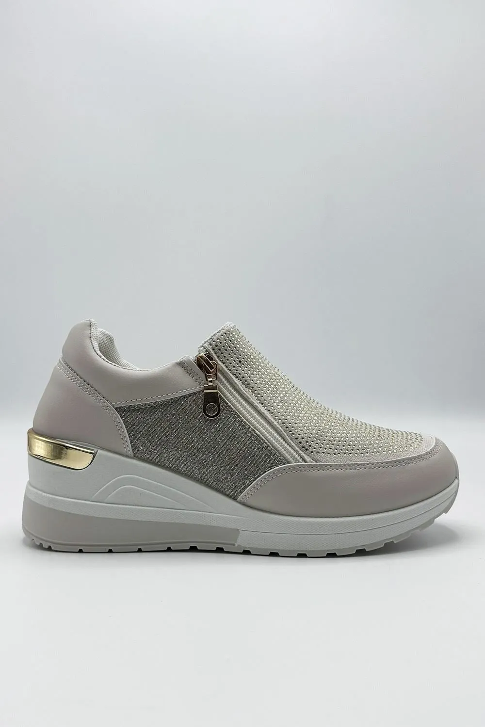 Ceeda Diamante Embellished Slip On Trainers in Beige