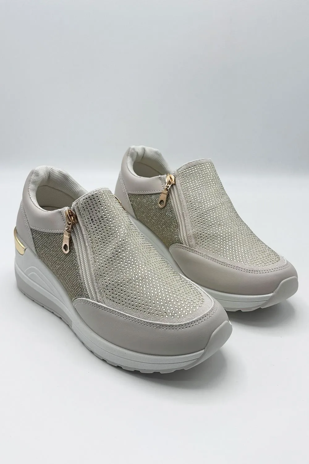Ceeda Diamante Embellished Slip On Trainers in Beige