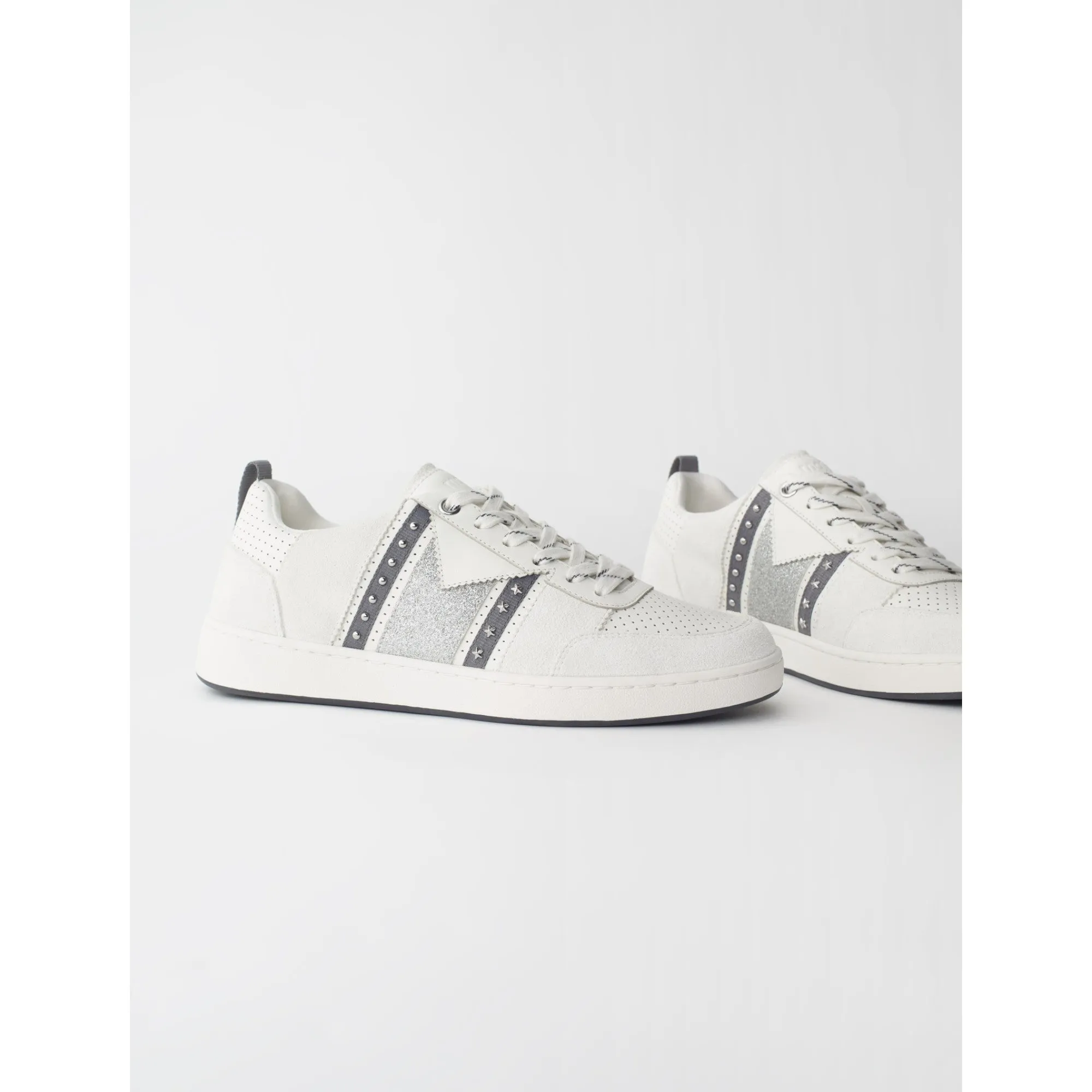 [CONTAIN PIG SKIN] Women Leather Trainers Glitter Suede Panel - Silver