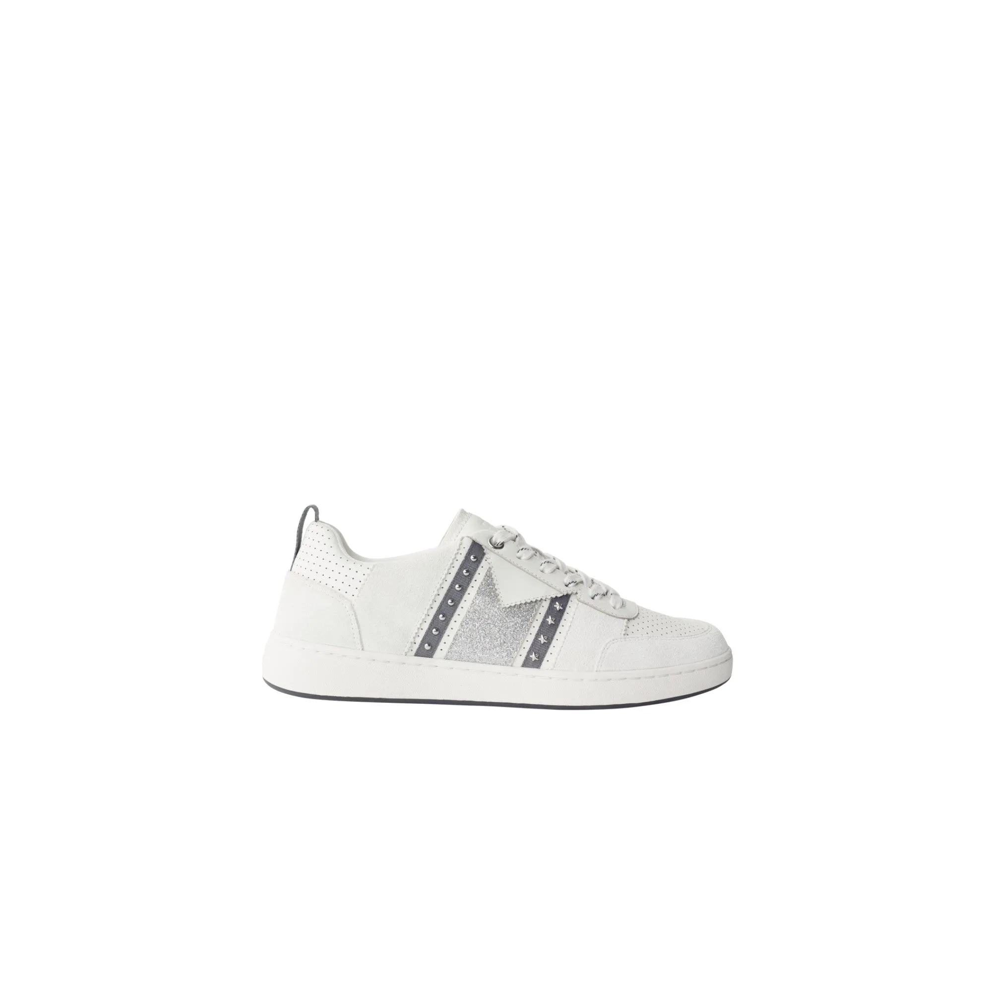 [CONTAIN PIG SKIN] Women Leather Trainers Glitter Suede Panel - Silver