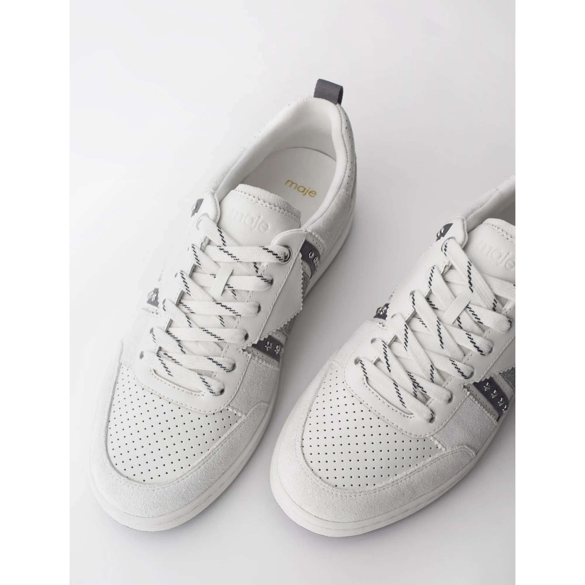 [CONTAIN PIG SKIN] Women Leather Trainers Glitter Suede Panel - Silver