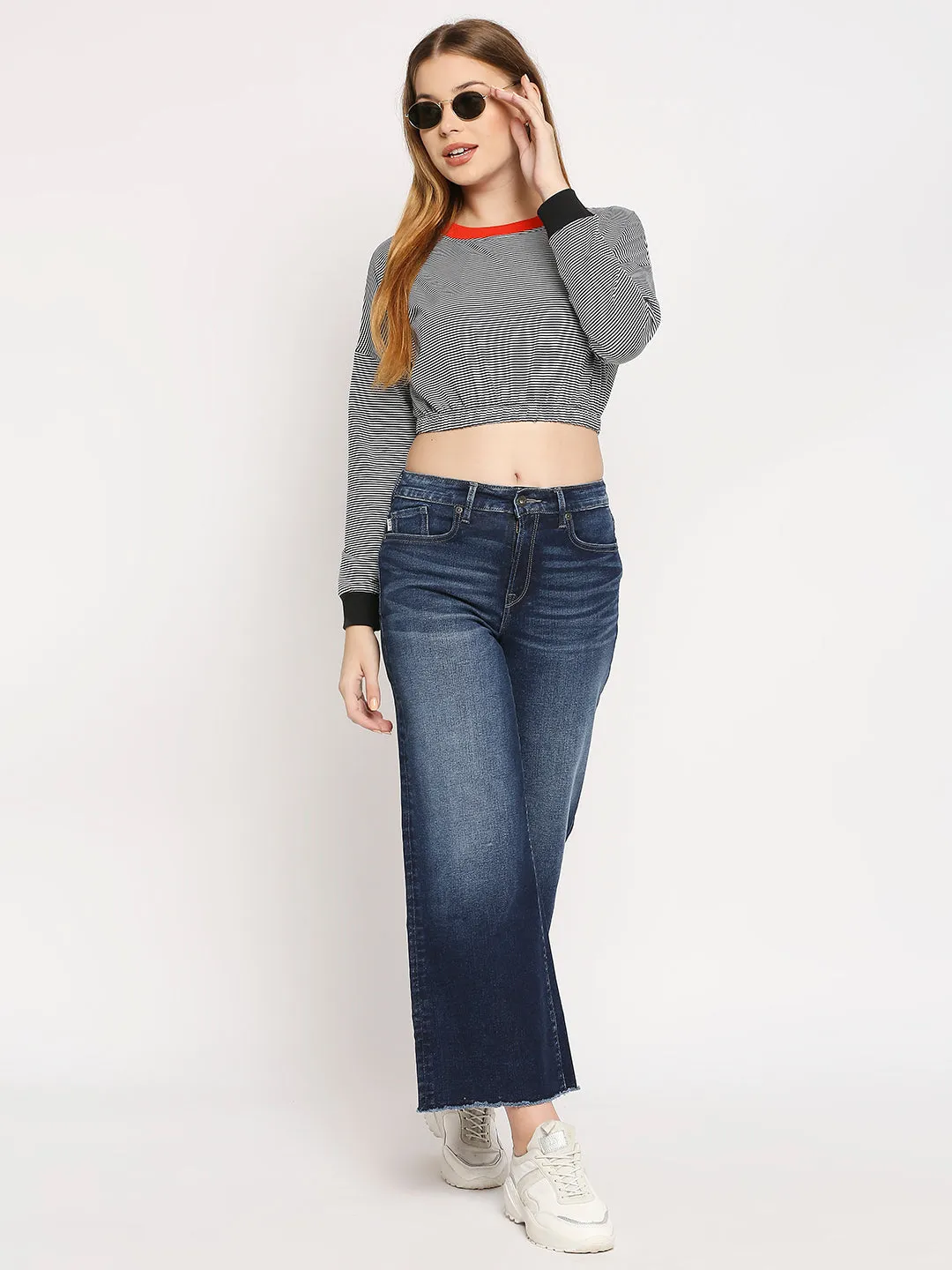 Disrupt Women Black Drop Shoulder Striped Boxy T-shirt