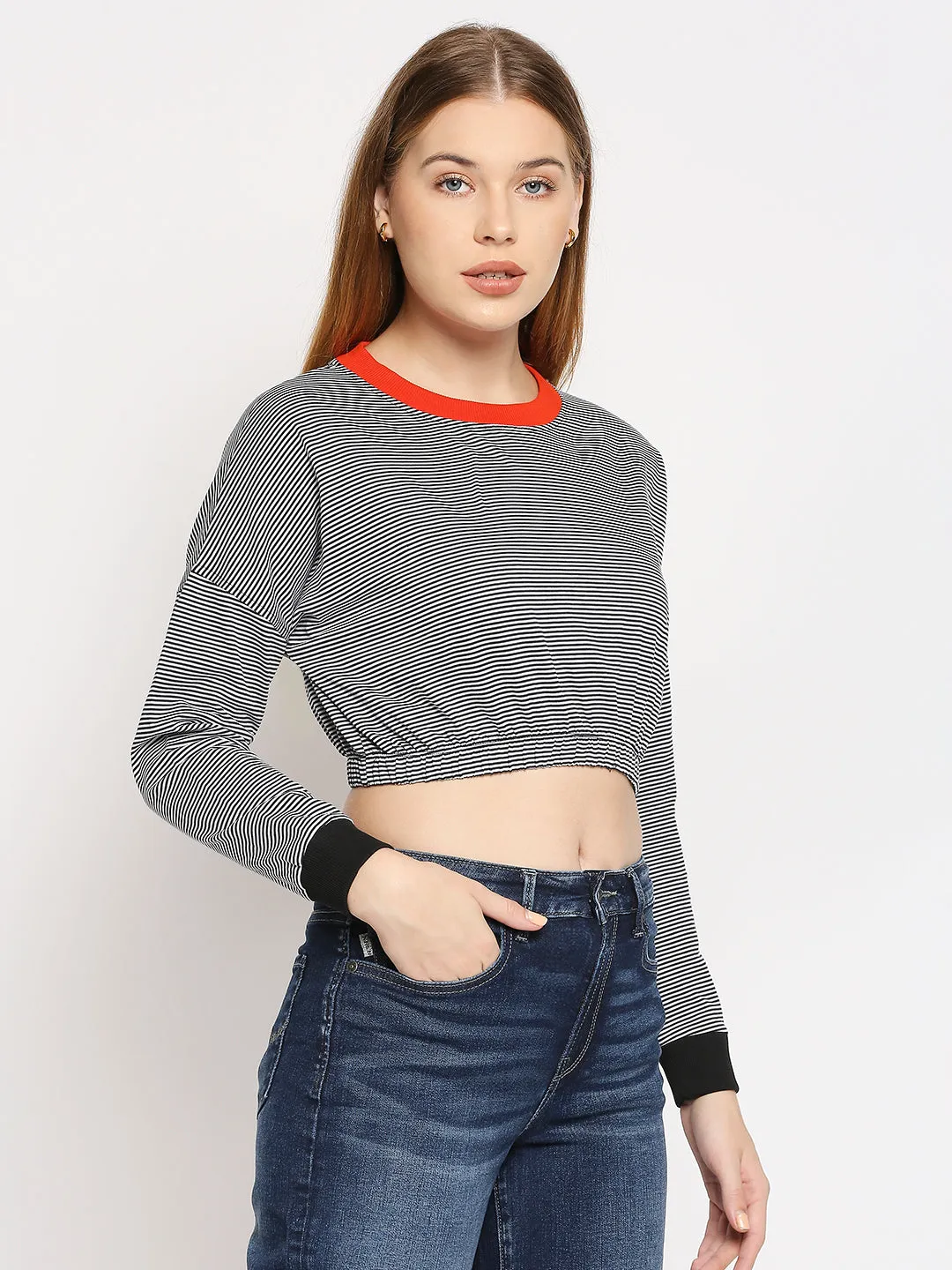 Disrupt Women Black Drop Shoulder Striped Boxy T-shirt