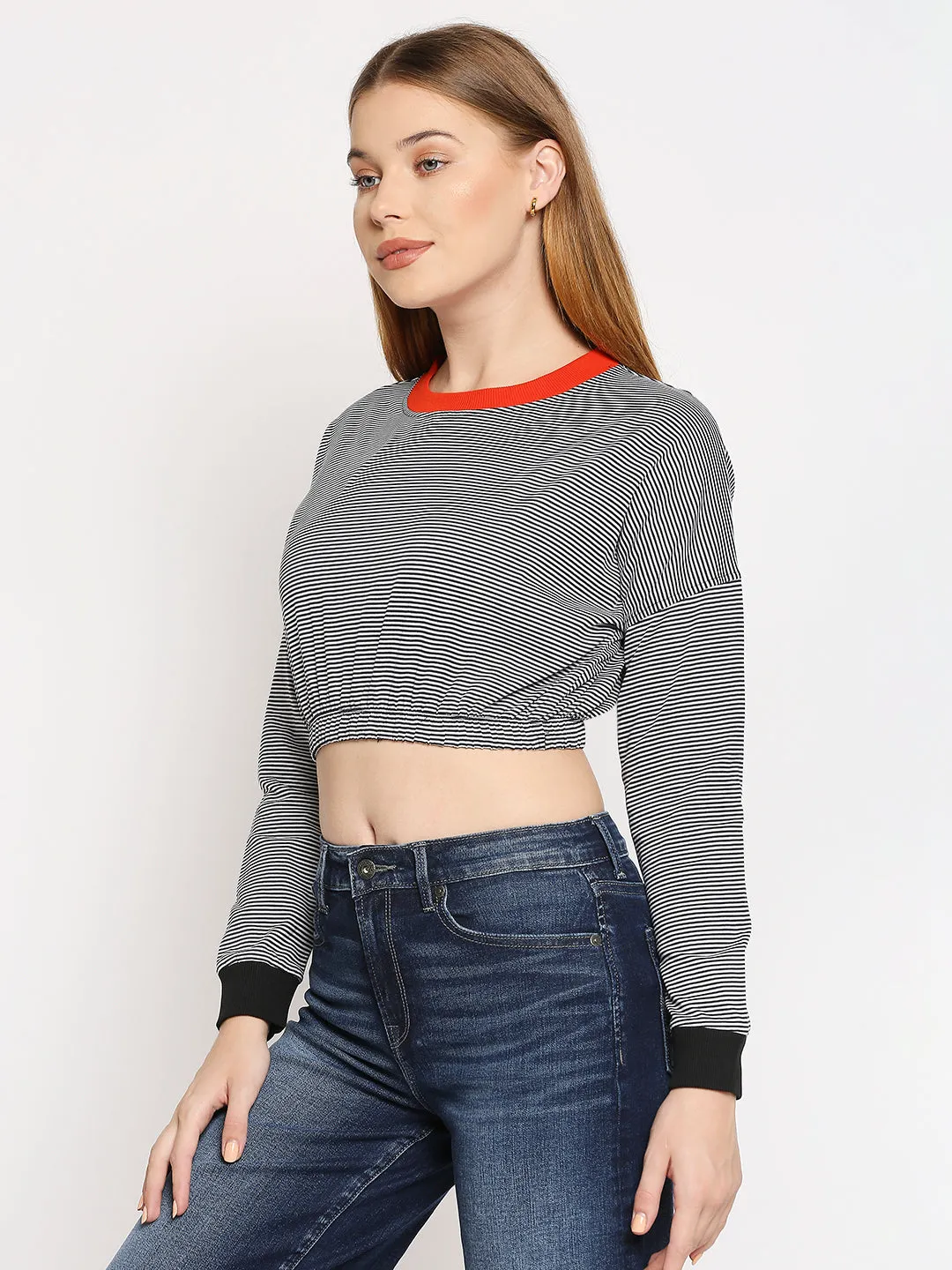 Disrupt Women Black Drop Shoulder Striped Boxy T-shirt