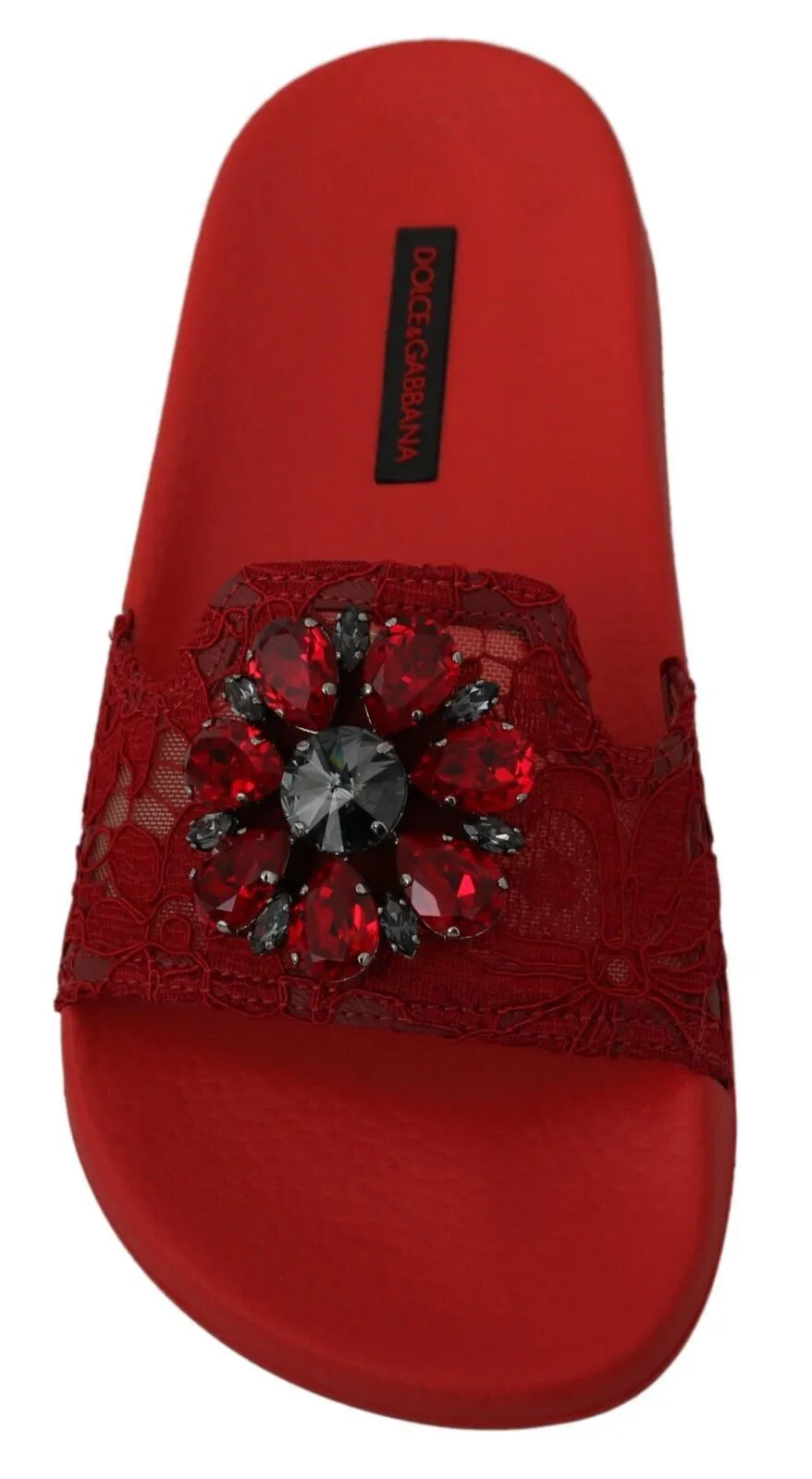 Dolce & Gabbana Red Lace Crystal Sandals Slides Beach Shoes