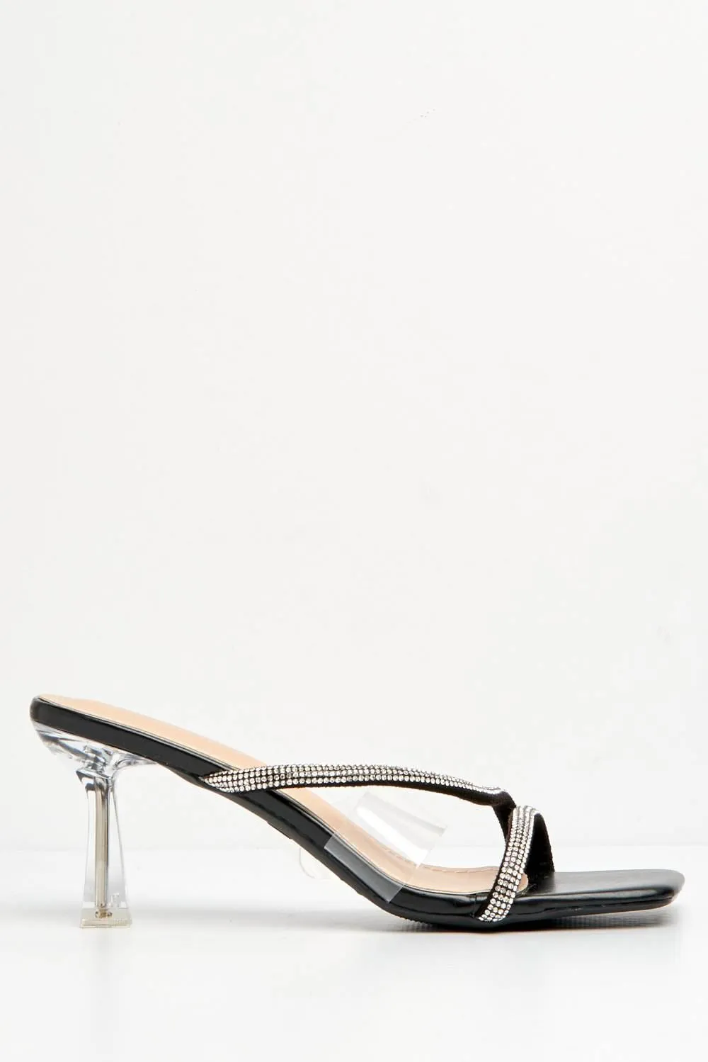 Jolie Diamante Embellished Perspex Mules in Black