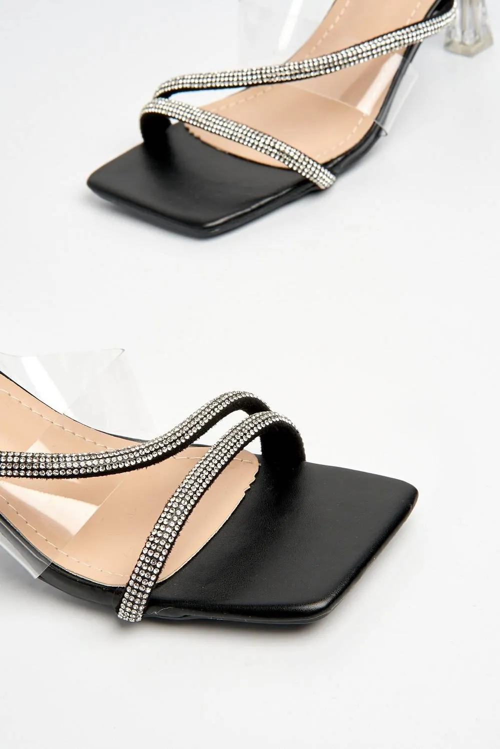 Jolie Diamante Embellished Perspex Mules in Black
