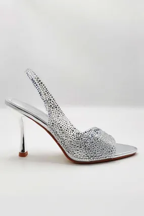 Kaia Diamante Embellished Heeled Sandals in Silver
