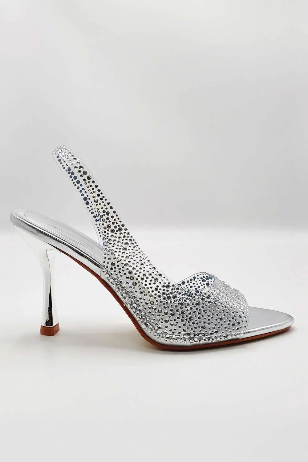 Kaia Diamante Embellished Heeled Sandals in Silver