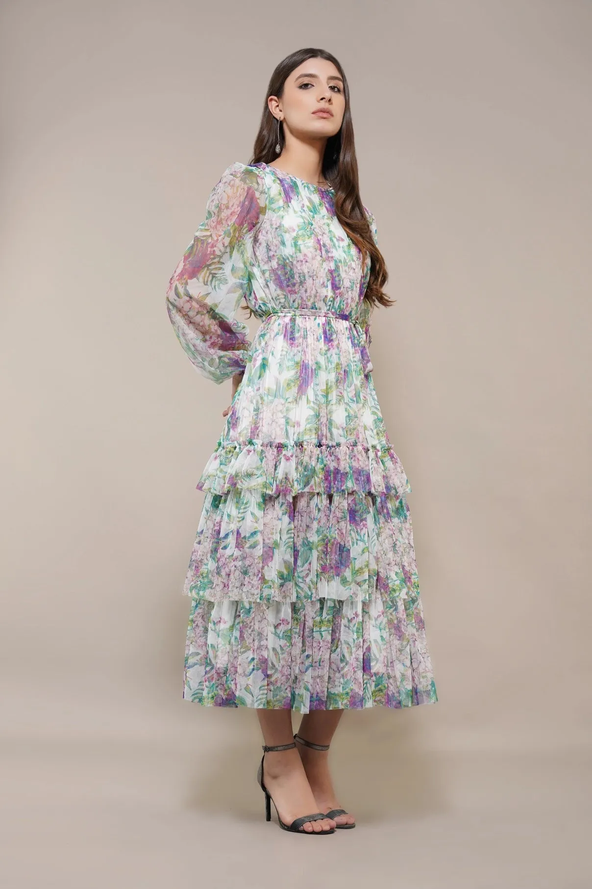 Lace & Beads Rebecca Green And Purple Floral Midi Dress
