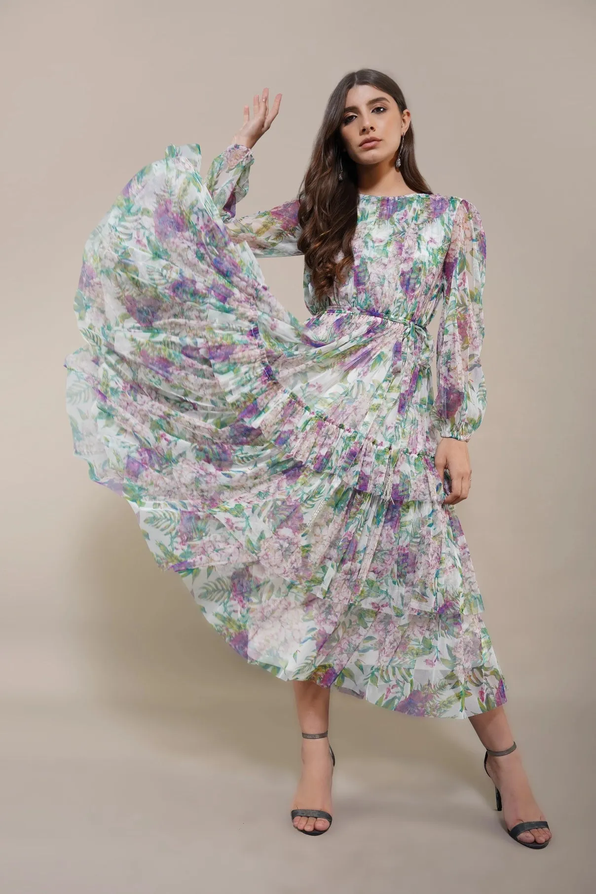 Lace & Beads Rebecca Green And Purple Floral Midi Dress
