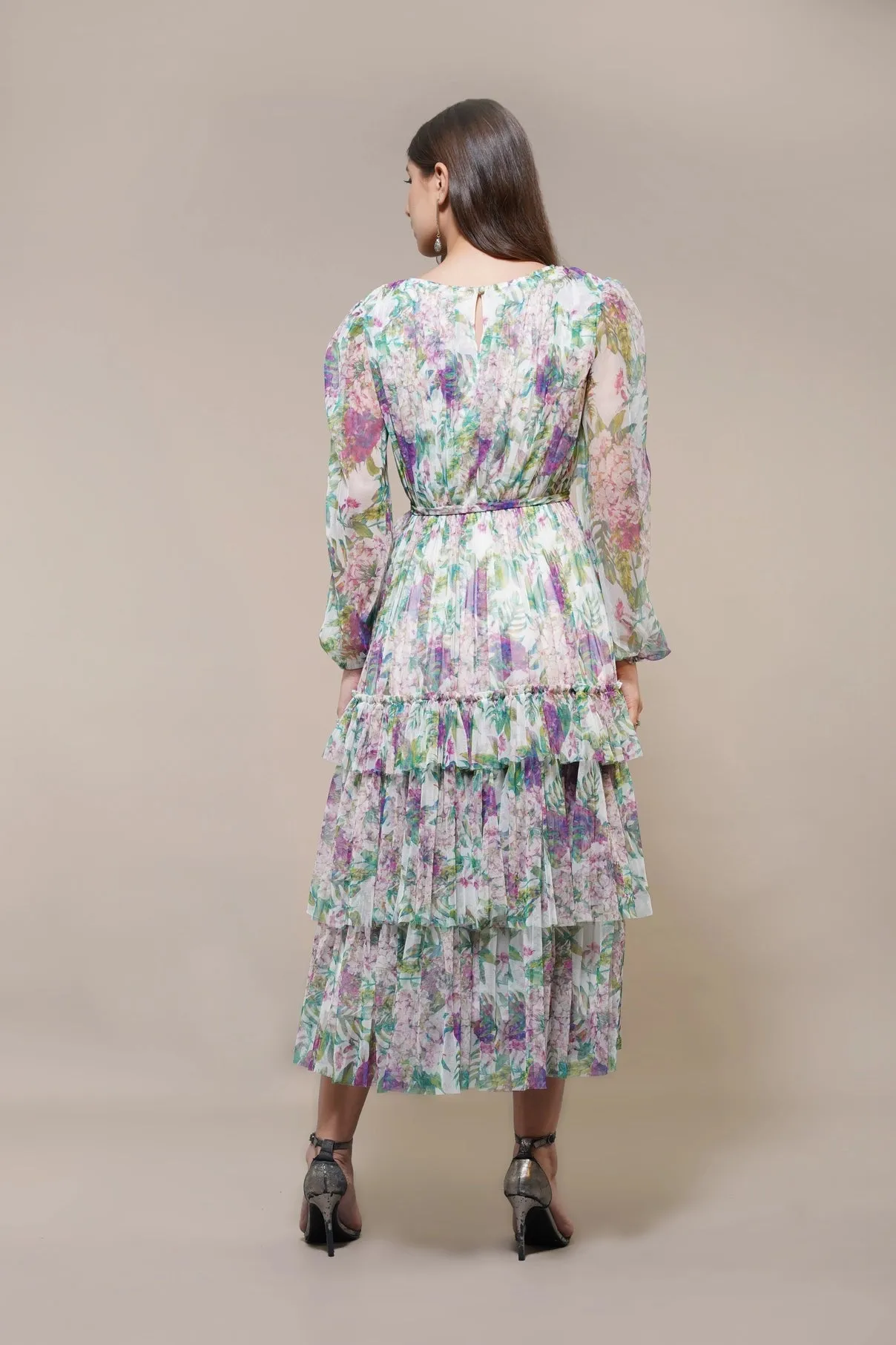 Lace & Beads Rebecca Green And Purple Floral Midi Dress