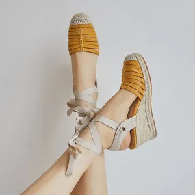 Ladies Pointed Toe Espadrilles Wedge Sandals Shoes Lace Up