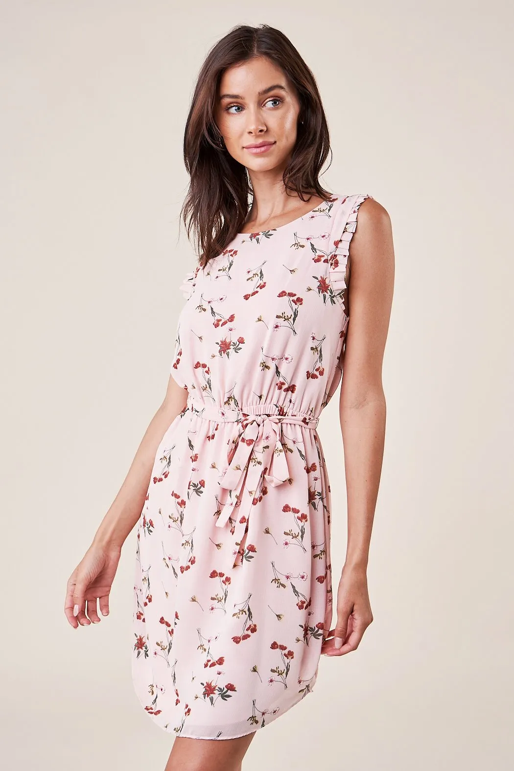 Love Story Sleeveless Floral Waist Tie Dress