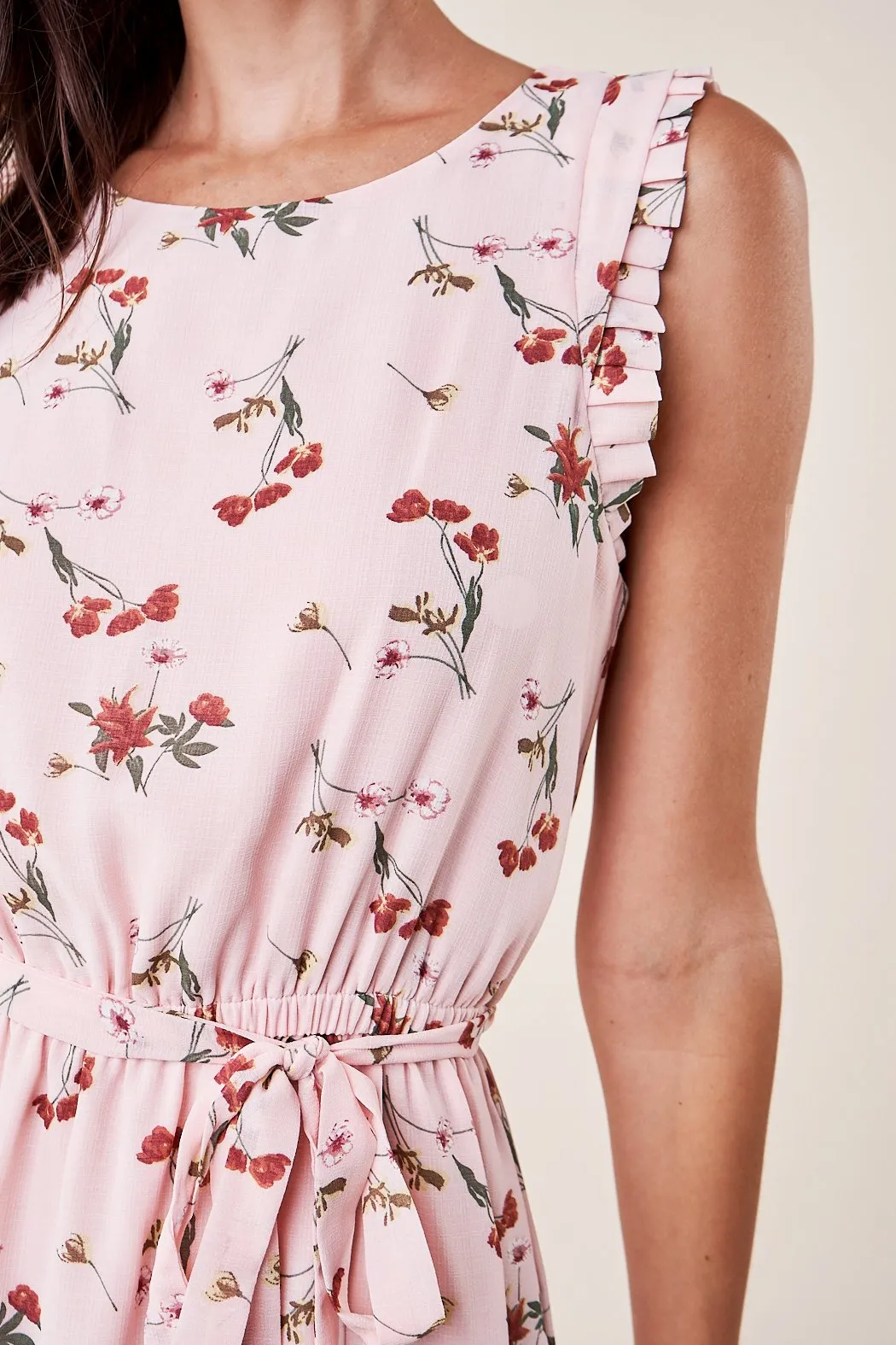 Love Story Sleeveless Floral Waist Tie Dress