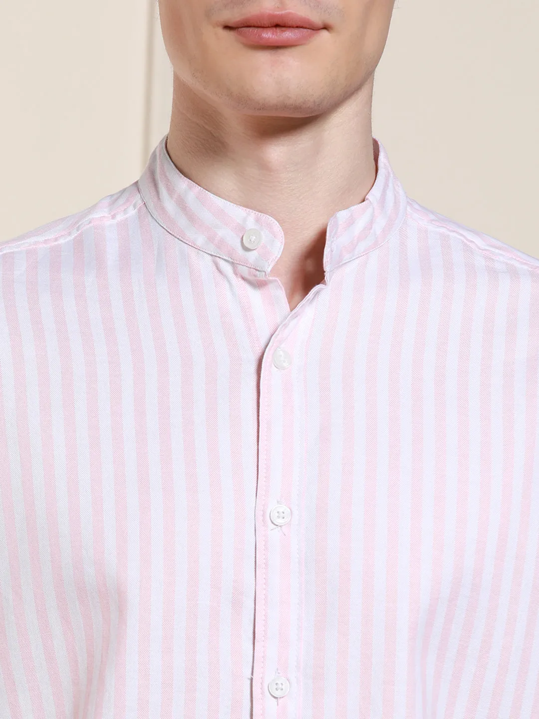 Men's Pink Cotton Striped Mandarin Collar Casual Shirt
