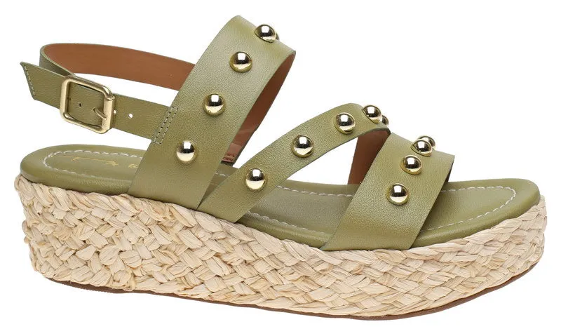 Moema Harriott Triple Strap  Embellished Wedge Sandal Olive
