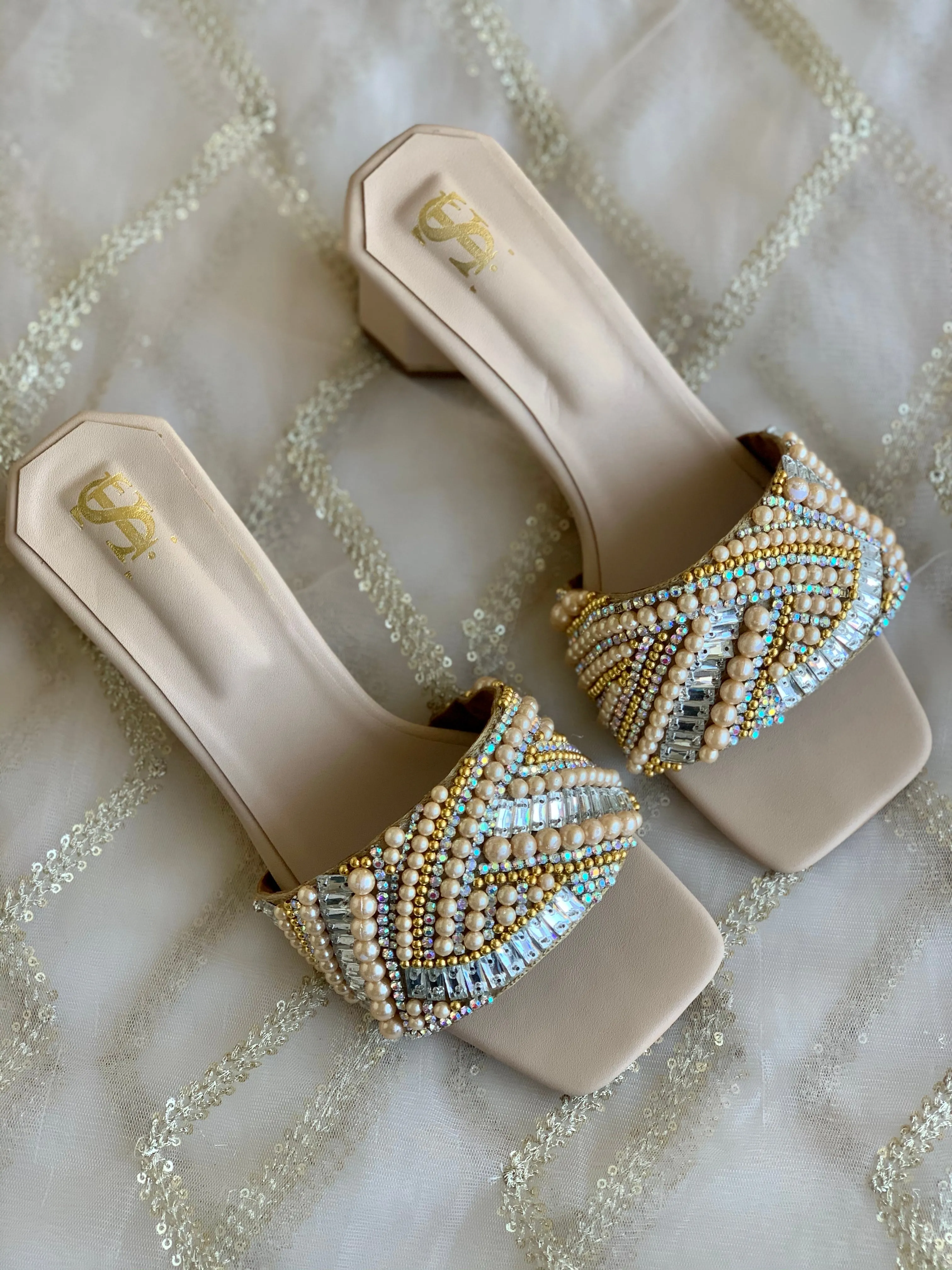 Nude Embellished Hexagon heels