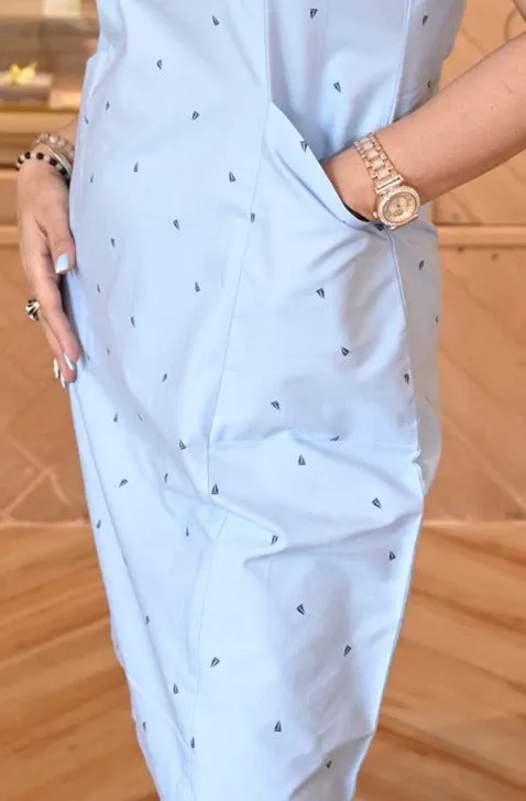 Powder Blue Cotton Collar Neck T-Shirt Dress
