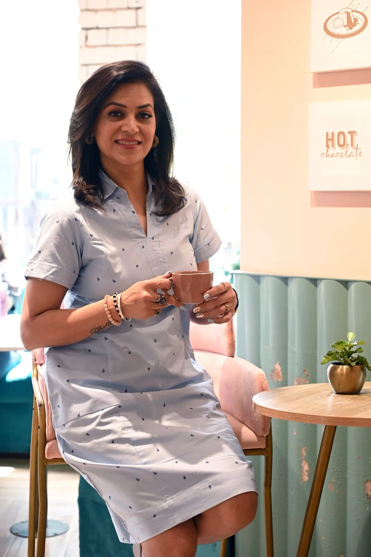 Powder Blue Cotton Collar Neck T-Shirt Dress