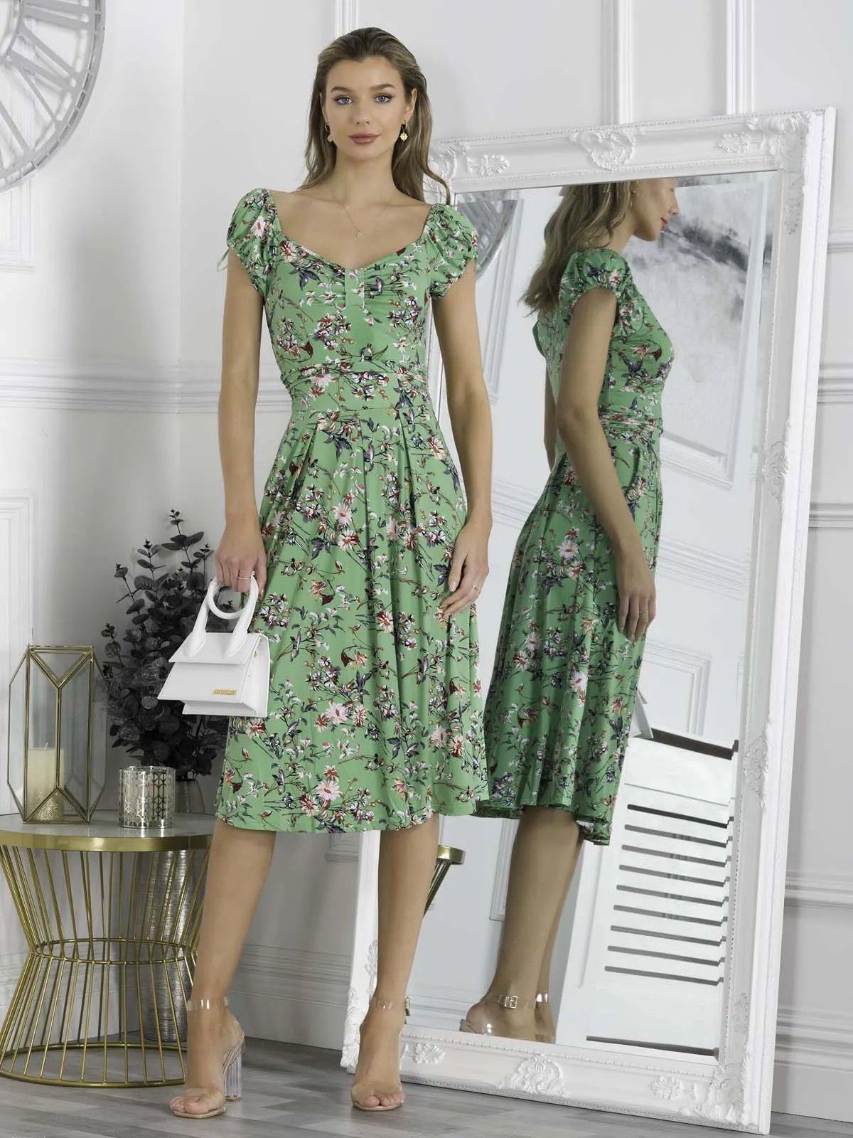 Regenia Sweetheart Neck Jersey Dress, Green Floral