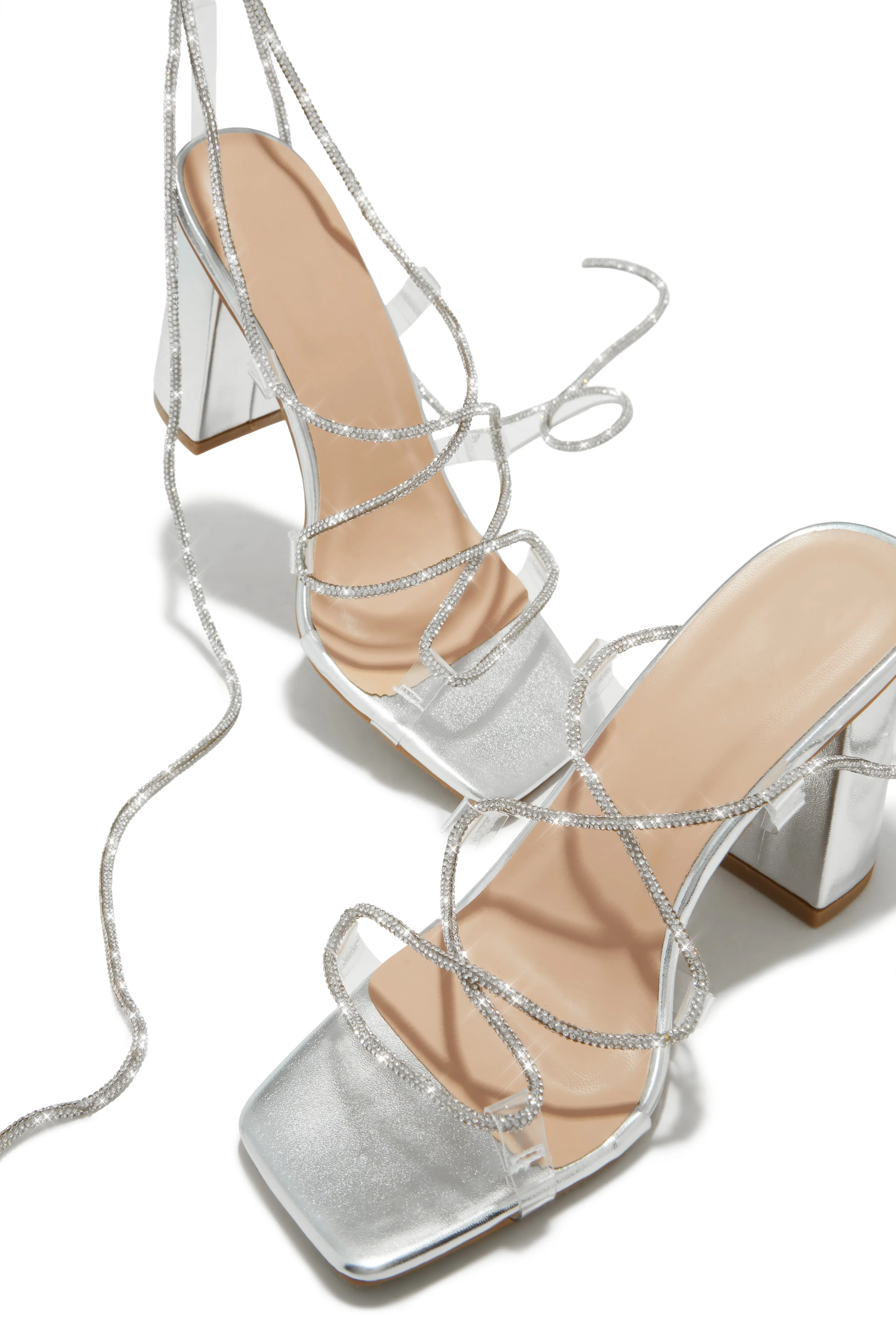 Rosalyn Embellished Lace Up Block Heels - Silver