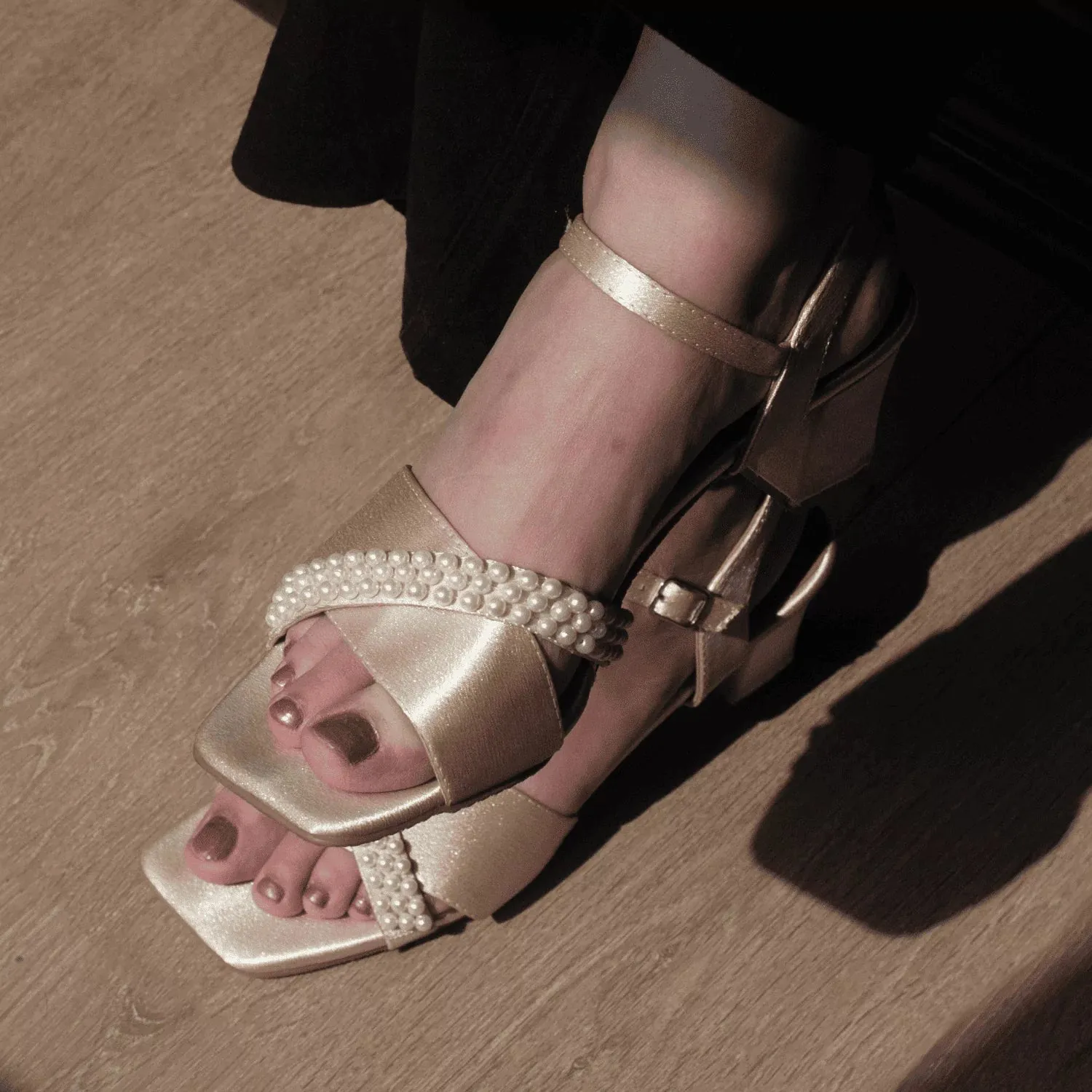 Satin Block Heels With Pearl Embellishments