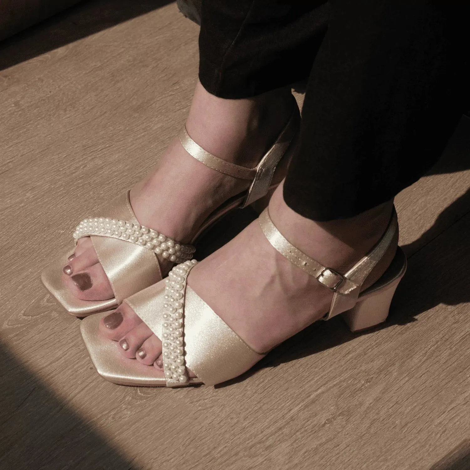 Satin Block Heels With Pearl Embellishments