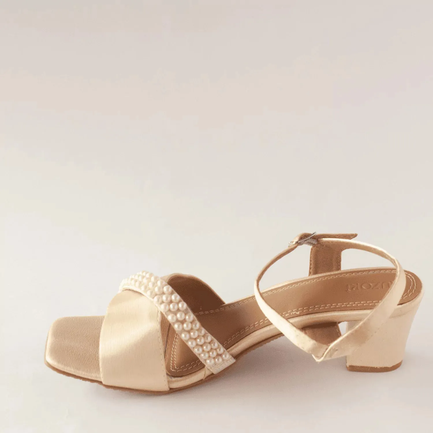 Satin Block Heels With Pearl Embellishments