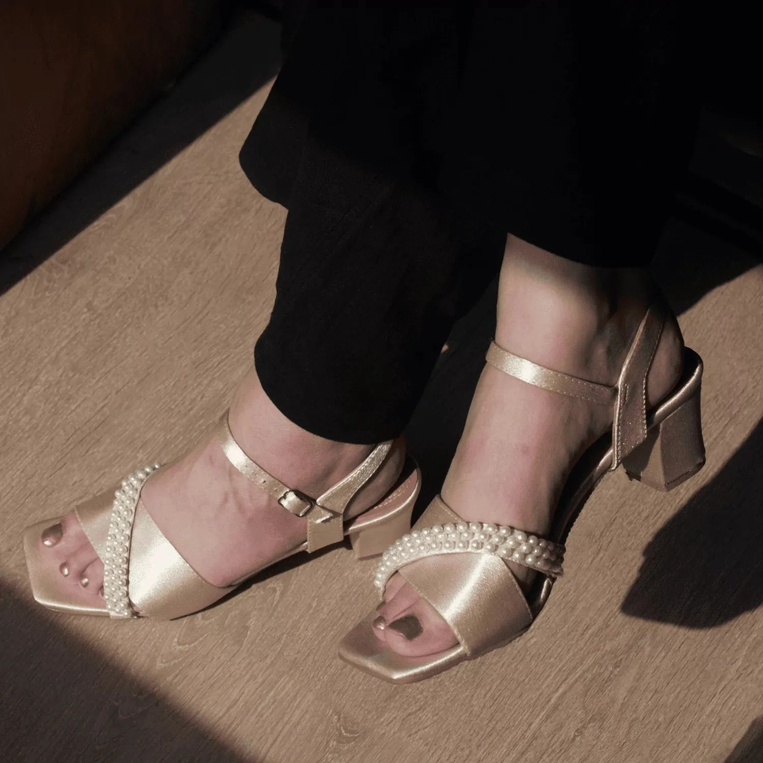 Satin Block Heels With Pearl Embellishments