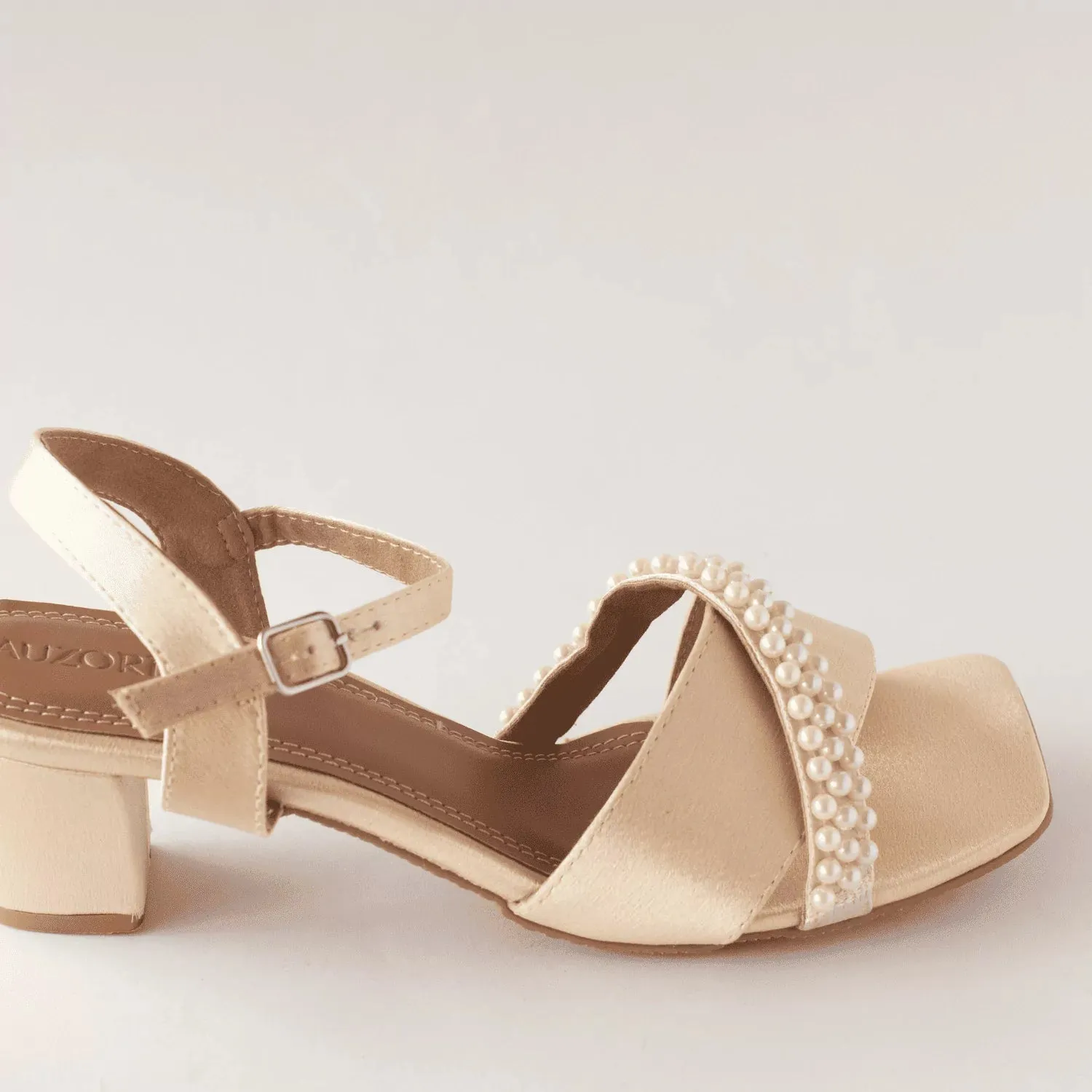 Satin Block Heels With Pearl Embellishments
