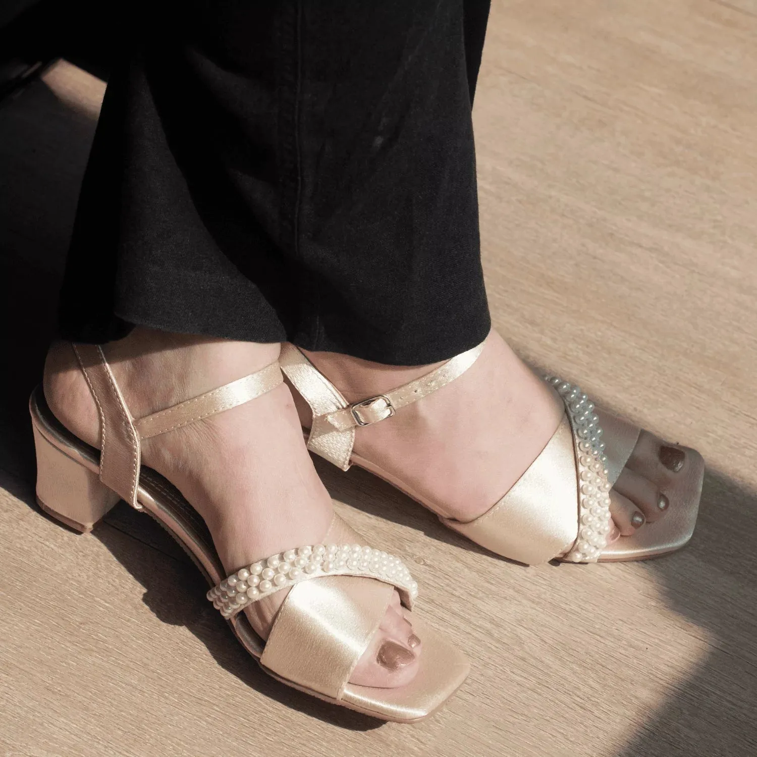 Satin Block Heels With Pearl Embellishments