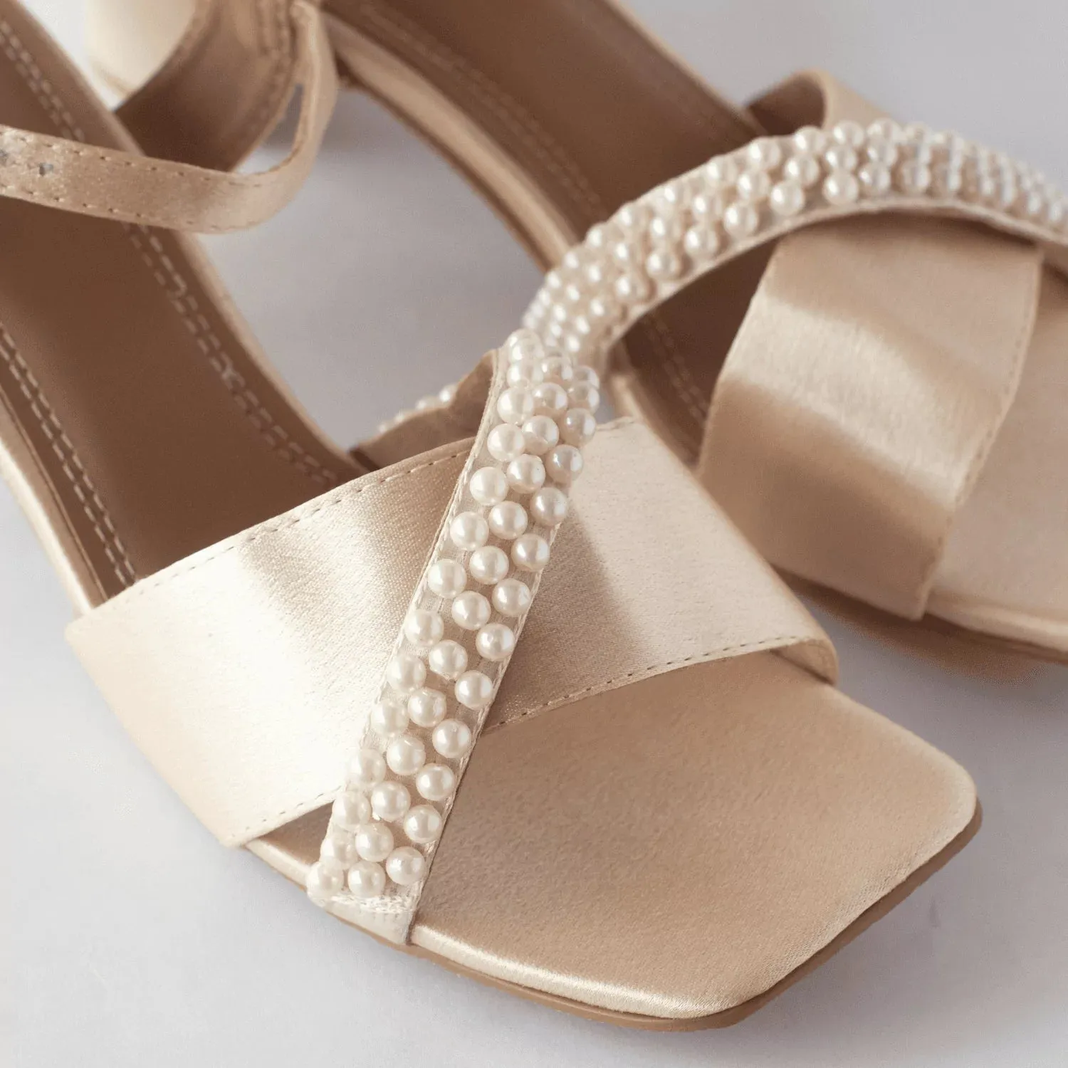 Satin Block Heels With Pearl Embellishments