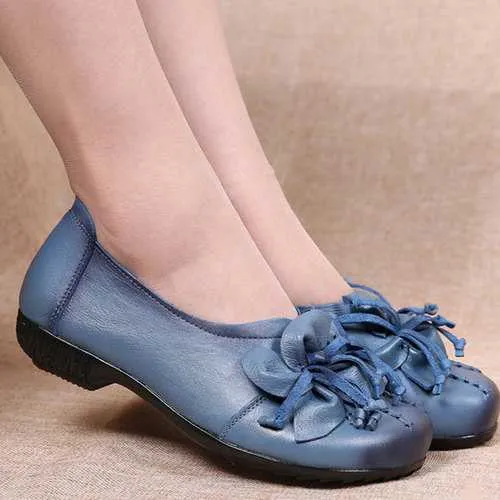 SOCOFY Genuine Leather Floral Flats Shoes