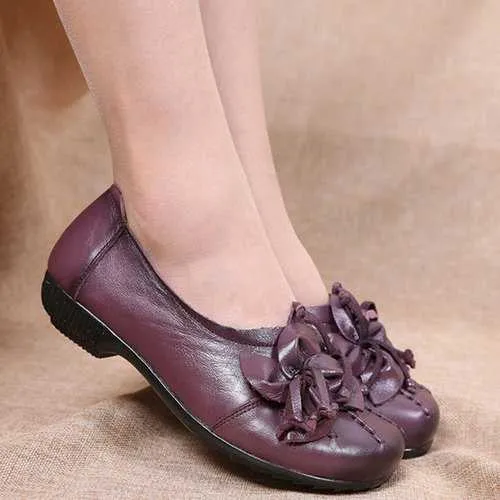 SOCOFY Genuine Leather Floral Flats Shoes