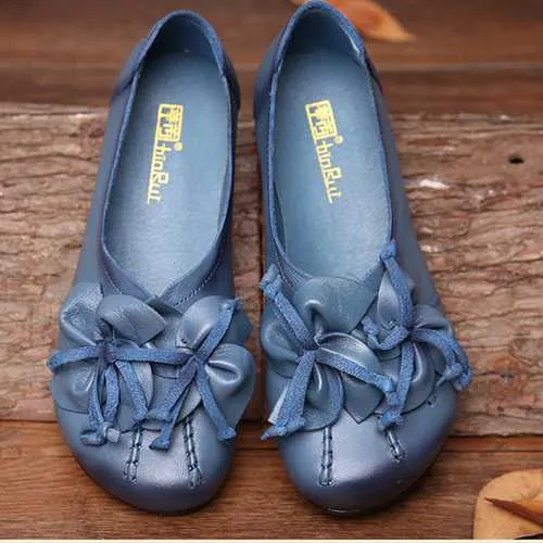 SOCOFY Genuine Leather Floral Flats Shoes