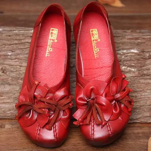 SOCOFY Genuine Leather Floral Flats Shoes