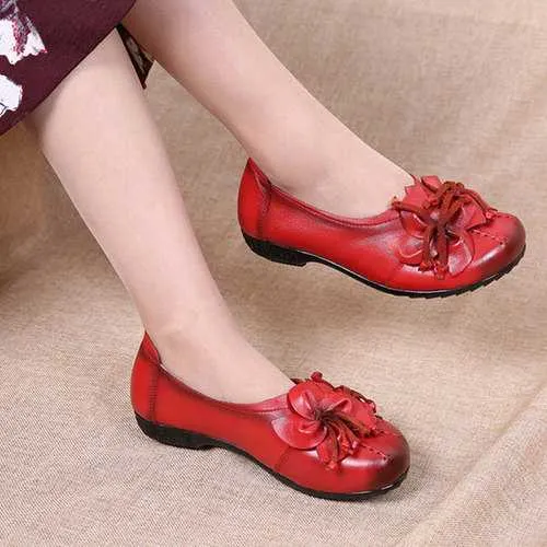 SOCOFY Genuine Leather Floral Flats Shoes