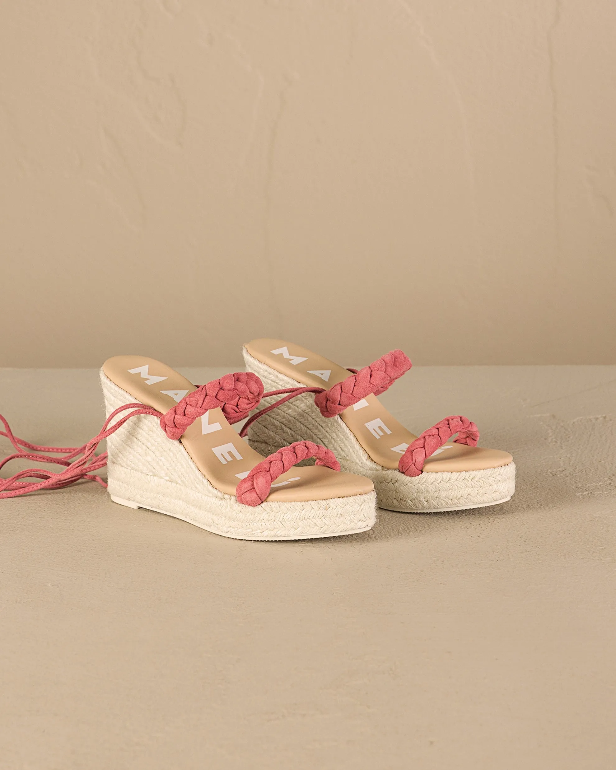 Soft Suede Two Braided Bands Wedge Espadrilles - W15WE - Hamptons Terracotta