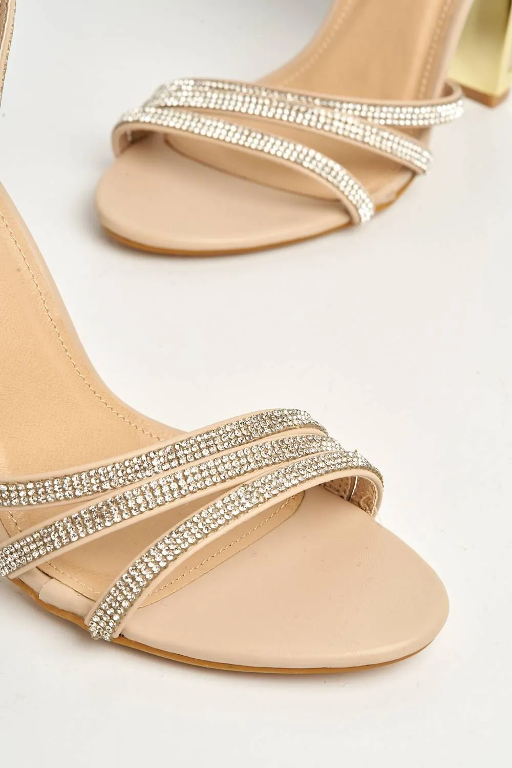Theda Block Heel Diamante Embellished Ankle Strap Sandals in Nude PU