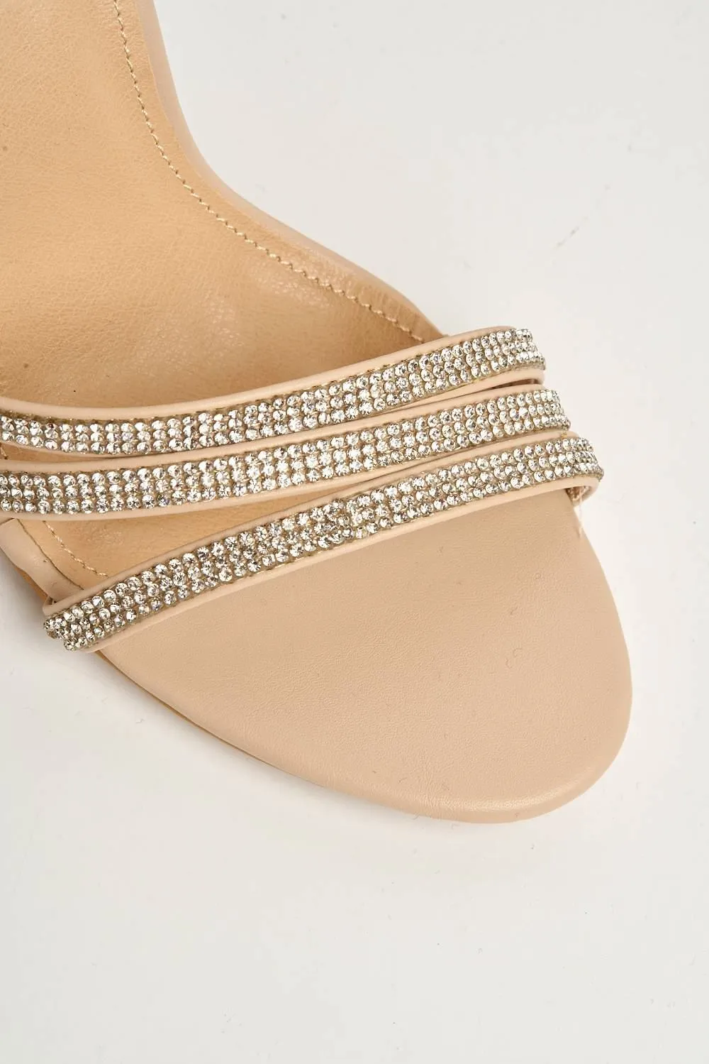 Theda Block Heel Diamante Embellished Ankle Strap Sandals in Nude PU