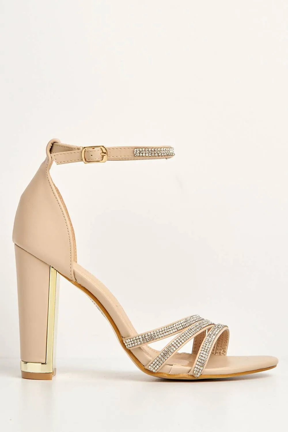 Theda Block Heel Diamante Embellished Ankle Strap Sandals in Nude PU