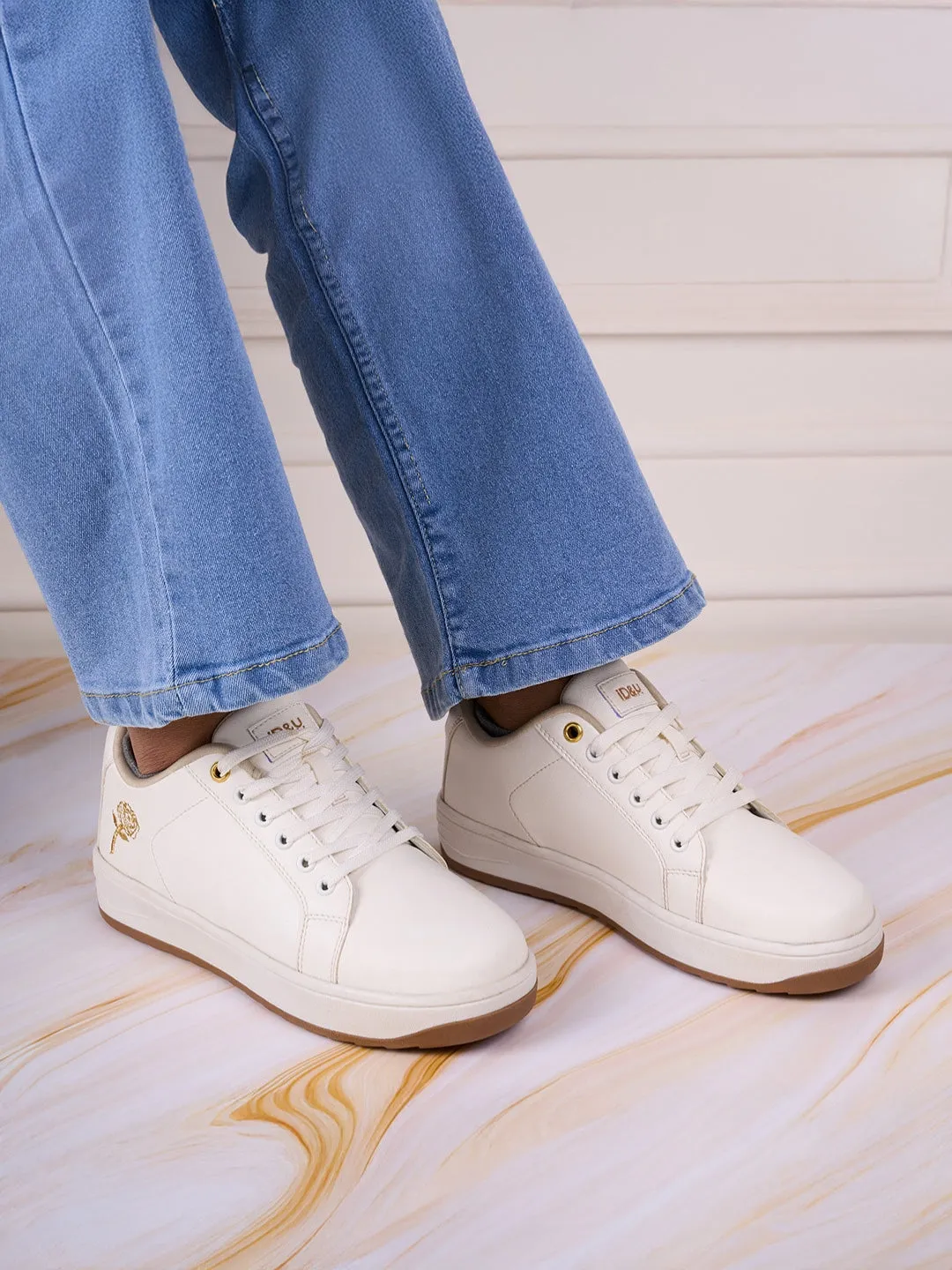 Women's White/Gold Platform Sneakers (IU1012)